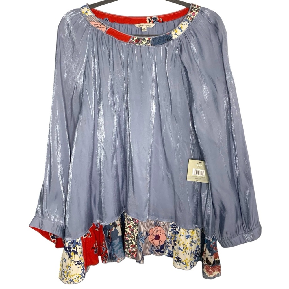 NWT John Mark Plus Size 1X Blue Haze Colorful Patchwork Trim Shiny Metalic Top